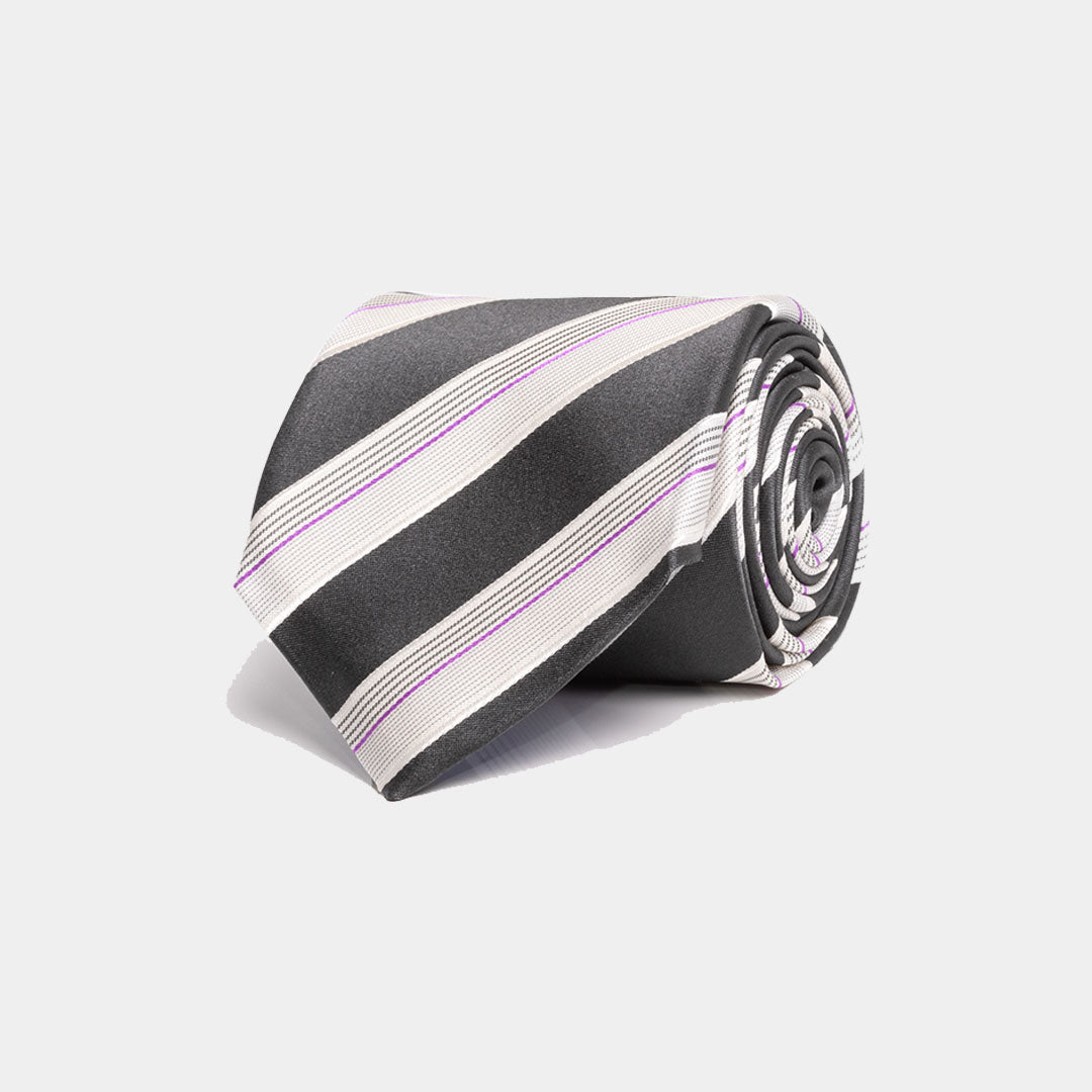 Black, Silver Grey And Lilac Stripe Tie
