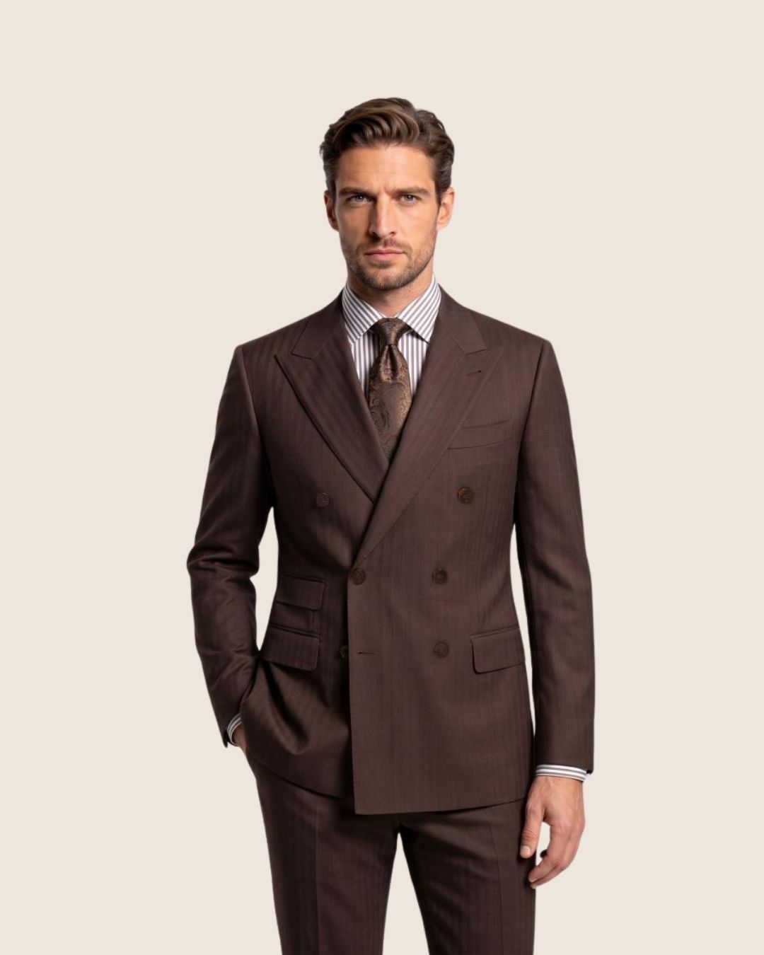 Brown Herringbone Double Breasted Suit