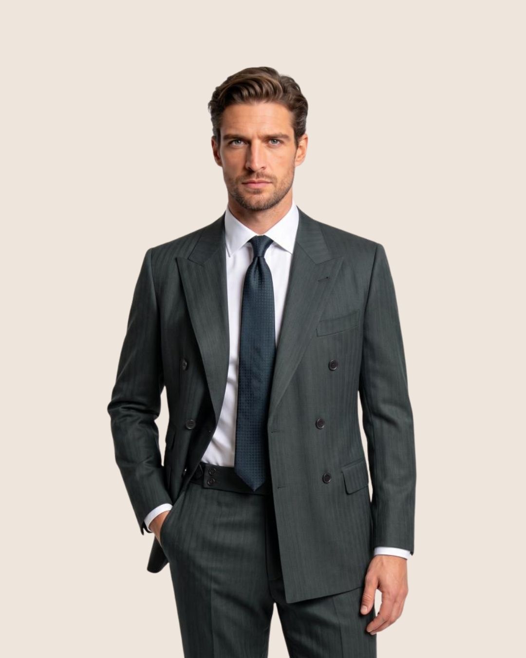 Green Herringbone Double Breasted Suit